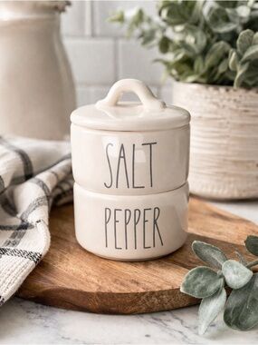 Rae Dunn SALT & PEPPER Stacked Cellar Set Farmhouse Kitchen Decor.❤️Display Only